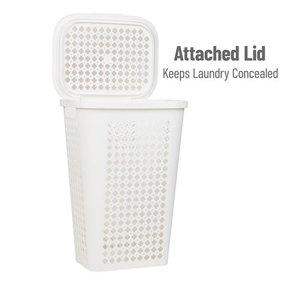 Mind Reader Slim Tapered Laundry Hamper with Lid, Clothes Basket with Swiss Cross Cut-Outs, Lightweight & Ventilated, Plastic, 16.75"L x 12.75"W x 23"H, White