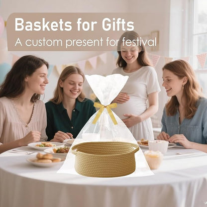 Woven Basket,Small Rope Storage Bin with Handles & Ribbon Bag, Organizer for Shelves Closets,Gift Basket Empty for Birthday,Books,Dog Toys, Jute/2 Pack