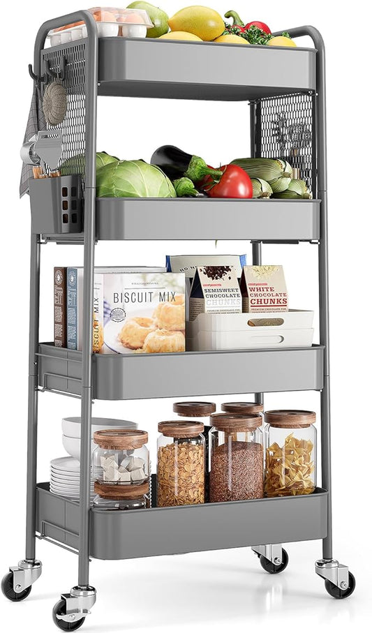 TOOLF 4 Tier Rolling Cart with Pegboard, Metal Storage Organizer Cart with Wheels, Hooks & Bins Esthetician Craft Art Sturdy Storage for Bathroom, Kitchen, Office, Nursery Diaper