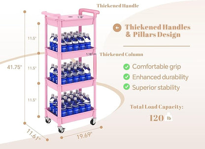 MIOCASA Utility Rolling Cart with Detachable Tray Top, 4-Tier Kitchen Storage Organization, Art Cart with Wheels for Office, Classroom, Livingroom, Kitchen, Bathroom (Pink, 4-Tier-Plastic)