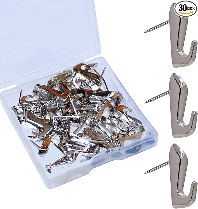 30 PCS Push Pin Picture Hooks, Push Pin Hangers, Decorative Push Pins for Wall Hanging, Thumb Tacks for Hanging, Bulletin Board Hooks (Silver)