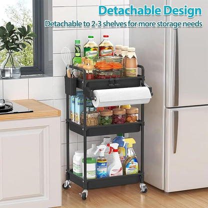 SPACEKEEPER Rolling Storage Cart, 3 Tier Utility Cart Laundry Room Organization Mobile Shelving Unit Bathroom Organizer with Towel Rack, Lockable Wheel, Hooks & Cup for Kitchen Office, Black