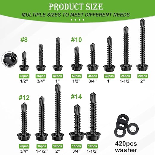 mxuteuk 840PCS #8#10#12#14 Self Tapping Screws for Metal,410 Stainless Steel Self Drilling Screws,Hex Head 1/2" to1-1/2'' Self Tapping Screw for Plastic(420pcs Screw+420pcs Washer)
