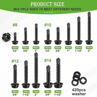 mxuteuk 840PCS #8#10#12#14 Self Tapping Screws for Metal,410 Stainless Steel Self Drilling Screws,Hex Head 1/2" to1-1/2'' Self Tapping Screw for Plastic(420pcs Screw+420pcs Washer)