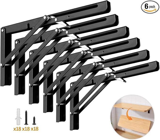 Yarssihha 12 Inch Folding Shelf Bracket, 6 Pack Heavy Duty Wall Mounted Foldable Brackets, Space-Saving Metal Collapsible Shelf Brackets, Max Load:180lbs