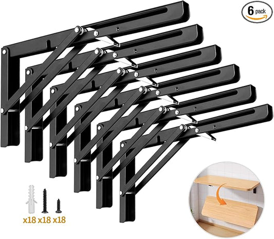 Yarssihha 12 Inch Folding Shelf Bracket, 6 Pack Heavy Duty Wall Mounted Foldable Brackets, Space-Saving Metal Collapsible Shelf Brackets, Max Load:180lbs