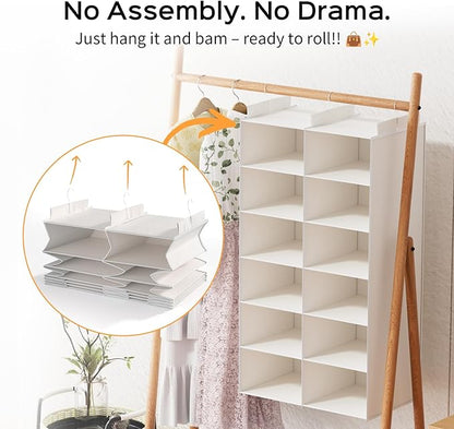 Space-Saving Hanging Closet Storage Organizer – Dual-Row Foldable Shelves with 3 Hooks, 6-Tier Wardrobe Organizer for Dorm, Bedroom, Closet (White)
