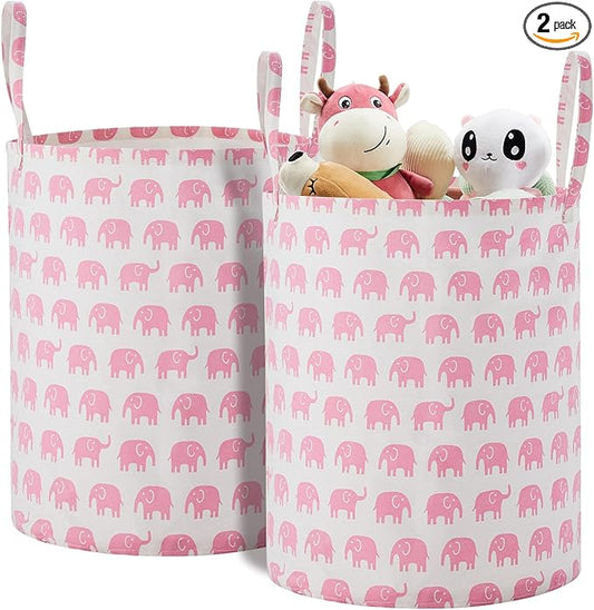 TECHMILLY Large Storage Basket for Girls and Boys, Collapsible Laundry Hamper with Long Handles, Toy Bins for Nursery, Kids Room Décor (Pink Elephant, 2 Pack)