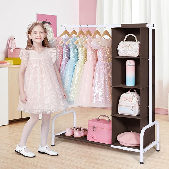 Univivi Kids Clothing Rack with Hanging Organizer, Short Toddler Dress Up Storage Rack for Hanging Clothes, Kids Wardrobe Closet for Baby Clothes, Dance Costumes, Brown/White