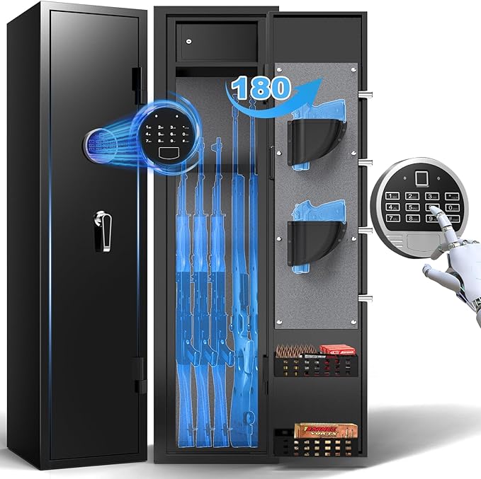4-6 Rifle Safe, Large Gun Safe for Home Rifles and Pistols, Gun Cabinet for Rifles and Shotguns with Drawer, Gun Cabinets with LED Lights and Double Alarm System
