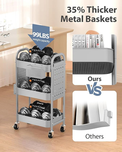 ALVOROG 3 Tier Rolling Cart with DIY Pegboards Metal Utility Cart with Wheels Handles Baskets Hooks, Craft Cart for Office Kitchen Bathroom(Light Gray)