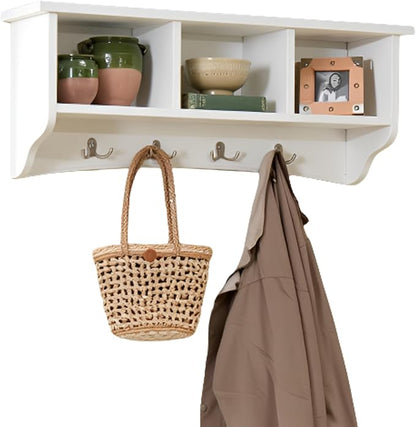 Shaker Cottage 36-Inch Wall-Mounted Coat Rack with 3 Open Shelves – Transitional Entryway Organizer, Mudroom Storage Shelf with 4 Hooks – Space-Saving Wall Storage by Alaterre Furniture (Ivory)