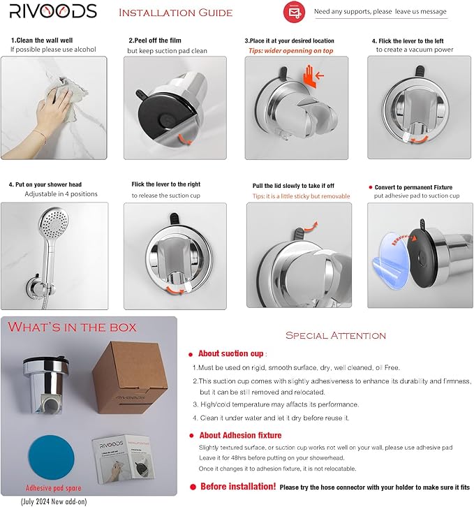 Suction Cup Hand held Shower Head Holder- 5 Angles Adjustable -Reusable -Bathroom Wall Mount Shower Wand Holder - (Polished Chrome)