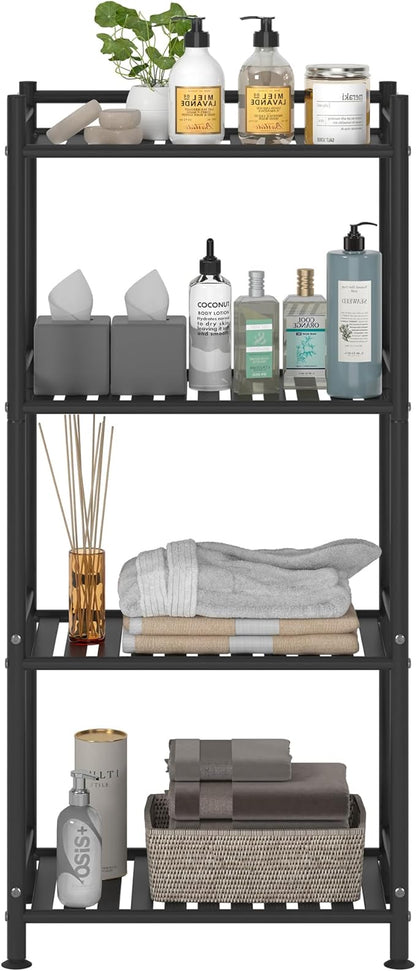 4 Tier Bathroom Storage Open Shelf Unit, Free-Standing Metal Corner Rack Shelving for Kitchen, Living Room, Hallway (Black, Wider 4 Tier)