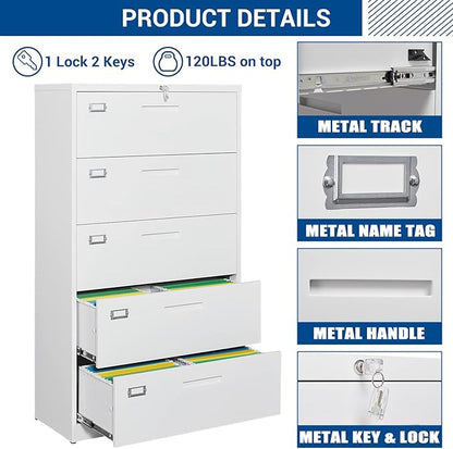 Lateral File Cabinet with 5 Drawers - White Metal Steel Filling Cabinets for Home Office - Lockable Storage Cabinet for Hanging Files Letter/Legal/F4/A4 Size-Assembly Required