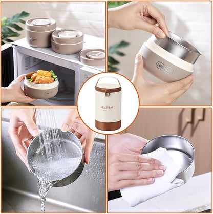 Dandat 3 Pcs Portable Insulated Lunch Container Set for Adult, Stackable Stainless Steel Bento Box for Hot Food with Insulated Lunch Bag Unisex 3 Separate Thermal Food Container(Khaki)