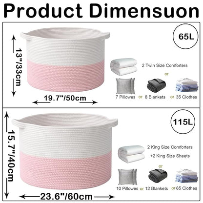 115L Large Blanket Basket,23.6" L x 23.6" W x 15.7" H Rope Woven Baskets with Handles, Toys Storage Bins,Laundry Basket Perfect for Living Room, Nursery,Bedroom,Home Organization,White&Pink