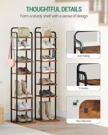 8 Tiers Vertical Shoe Rack, Narrow Shoe Tower, Tall Shoes Shelf with 2 Hooks, Adjustable Shelves, Corner Shoes Shelves for Small Spaces, Entryway, Living Room, Rustic Brown SR04301B