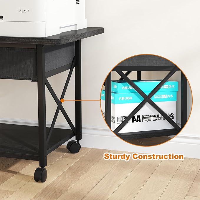 EasyCom 23.6" x 15.7" Under Desk Printer Stand with Storage Drawer, 2-Tier Shelf Desktop Printer Table for Desk with Wheels, Large Rolling Cart for Home Office Fits 3D Printer Scanner Black