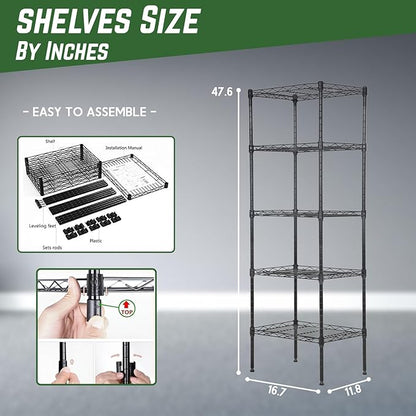 PayLessHere 5-Tier Adjustable Wire Shelf 12" W x 17" D x 48" H Max Load 750 lbs, Easy Assembly, Versatile Storage Solution, Durable and Stable for Home and Office,Black