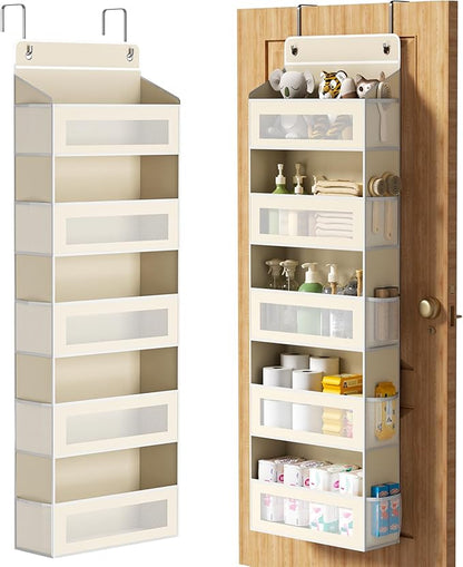 Over The Door Organizer with 5 Large Pockets, Over the Door Storage 10 Side Pocket 44 lb Load Behind Door Storage, Closet Door Organizer Hanging Shelf for Wall Bathroom Bedroom Nursery, 5-Tier Beige