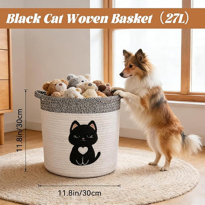 Black Cat Storage Basket - Woven Cotton Rope Basket with Soft Felt Patch, Foldable Organizer for Nursery, Pet Toys & Laundry, Gift & Home Decor (11.8 Inch, Washable)