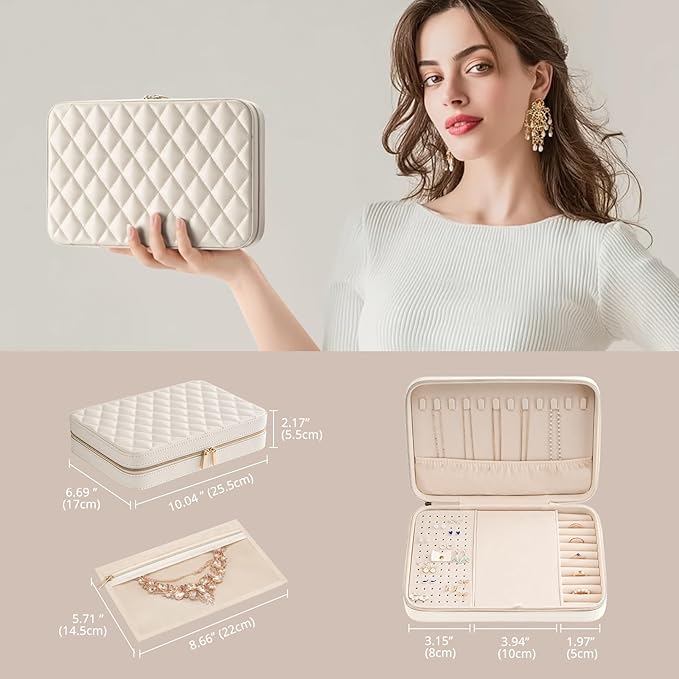 Lolalet Travel Jewelry Case for Women Girls, Travel Jewelry Organizer Box with Mirror & Clear Storage Bag, Small Portable Earring Necklace Bracelet Ring Case, Birthday Valentine Gifts -Large, White