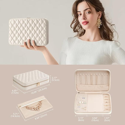 Lolalet Travel Jewelry Case for Women Girls, Travel Jewelry Organizer Box with Mirror & Clear Storage Bag, Small Portable Earring Necklace Bracelet Ring Case, Birthday Valentine Gifts -Large, White