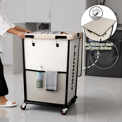 150L Laundry Basket with Wheels, Rolling Laundry Hamper with Cloth Cover, Laundry Cart with Metal Frame & Removable Bag, Large Dirty Clothes Hampers for Bedroom Aesthetic Laundry Room Bathroom, White