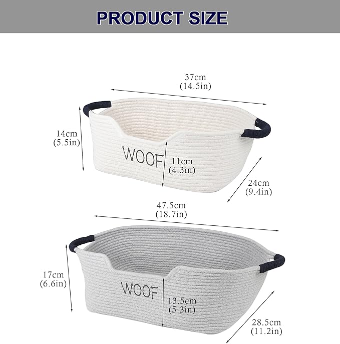 2 Pack Dog Toy Baskets,Pet Rope Basket for Dog Cat Toys,Dog Toy Bin with Handles,Woof Puppy Toy Storage Basket,Puppy Bed,Dog Stuff Organizer for Toys,Collar,Leash,Nursing Supplies-Beige+Gray