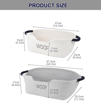 2 Pack Dog Toy Baskets,Pet Rope Basket for Dog Cat Toys,Dog Toy Bin with Handles,Woof Puppy Toy Storage Basket,Puppy Bed,Dog Stuff Organizer for Toys,Collar,Leash,Nursing Supplies-Beige+Gray