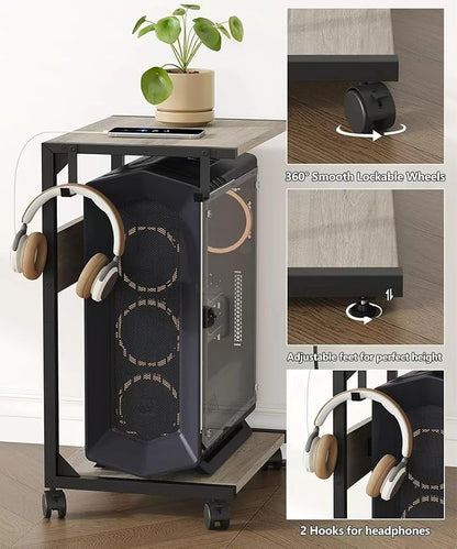 2 Tier Computer Tower Stand with Charging Station, 11.8" D x 16.5" W Rolling Floor PC Tower Stand Fits Under Desk, CPU Holder Cart for Carpet with Hooks, C Shaped End Table for Home Office