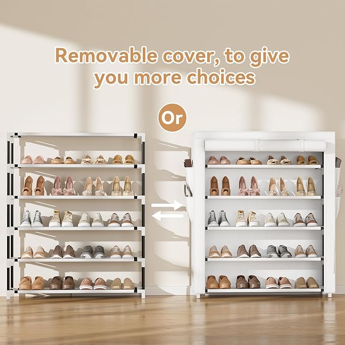 Shoe Rack with Cover, 5 Tier Shoe Organizer Storage for 20-24 Pair Shoes and Boots Large Shoe Storage Shelf Space Saving Vertical Shoe Rack for Closet, Front Door Entrance, Dorm, Garage, White