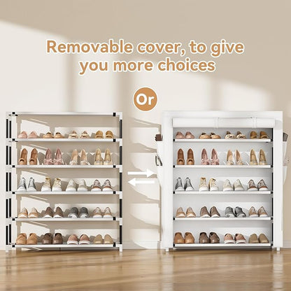 Shoe Rack with Cover, 5 Tier Shoe Organizer Storage for 20-24 Pair Shoes and Boots Large Shoe Storage Shelf Space Saving Vertical Shoe Rack for Closet, Front Door Entrance, Dorm, Garage, White