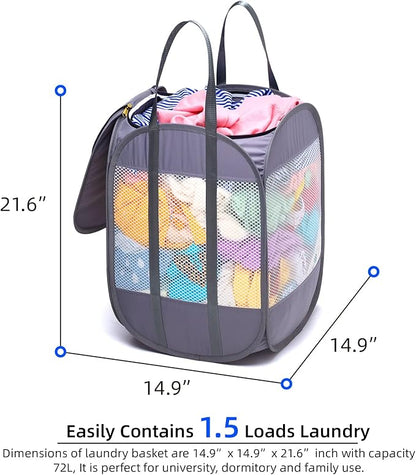 1.5 Loads, Pop-up Laundry Hamper with Extended, Thickened and Reinforced Handles, Tear Proof, Laundry Basket with Zipper Lid, With YKK Zipper, Honey Comb Mesh, Breathable, 14.9"*14.9"*21.6" (white)