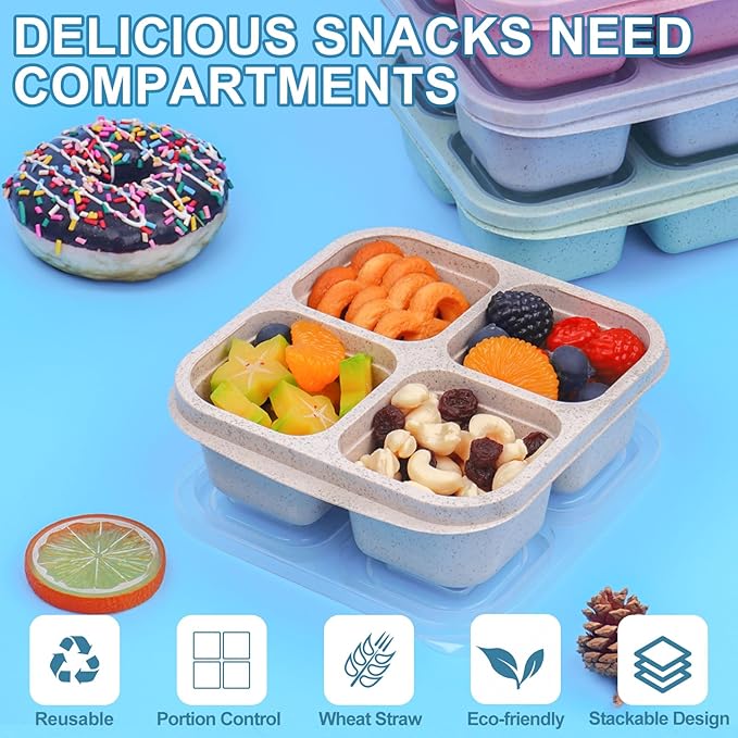 4 Pack Snack Box Containers, 4 Compartment Reusable Snack Containers with Lids, Microwave Dishwasher Safe, Divided Food Storage Lunchable Container for Work Travel (Green)