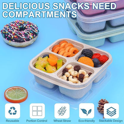 Snack Containers (4 Pack), 4 Compartments Snackle Box Container, Meal Prep Reusable Lunchable Container for Adults, Microwave Dishwasher Safe, Stackable Bento Snack Boxes for Work, Travel