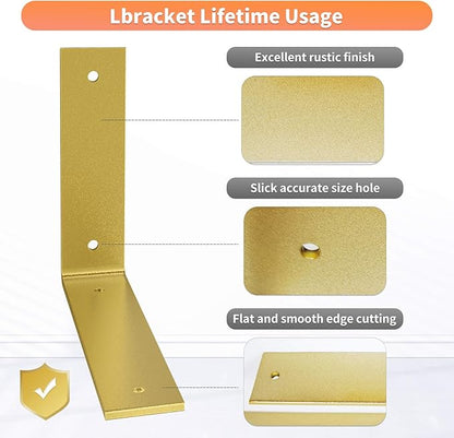L Shelf Brackets 10 inch, Gold Heavy Duty Iron Shelf Brackets, Industrial Modern Floating Shelf Support for Wall Mount Shelves