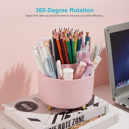 360 Degree Rotating Desk Pen/Pencil Holder, 5-Slot Organizer, Cute Pink Desk Accessory