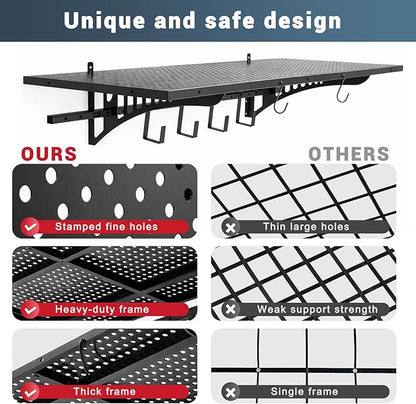 Zonon 2 Pack 1.67 x 4 ft Heavy Duty Garage Wall Shelving with 12 Hooks, 700 Lbs Load Capacity, Wall-mounted Garage Storage Shelving and Organization for Sheds, Closets, or Utility Rooms