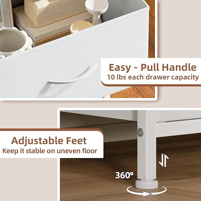 Somdot Dresser for Bedroom with 3 Drawers, Storage Organizer Chest of Drawers with Removable Fabric Bins for Closet Bedside Living Room Laundry Entryway Hallway, White Leather