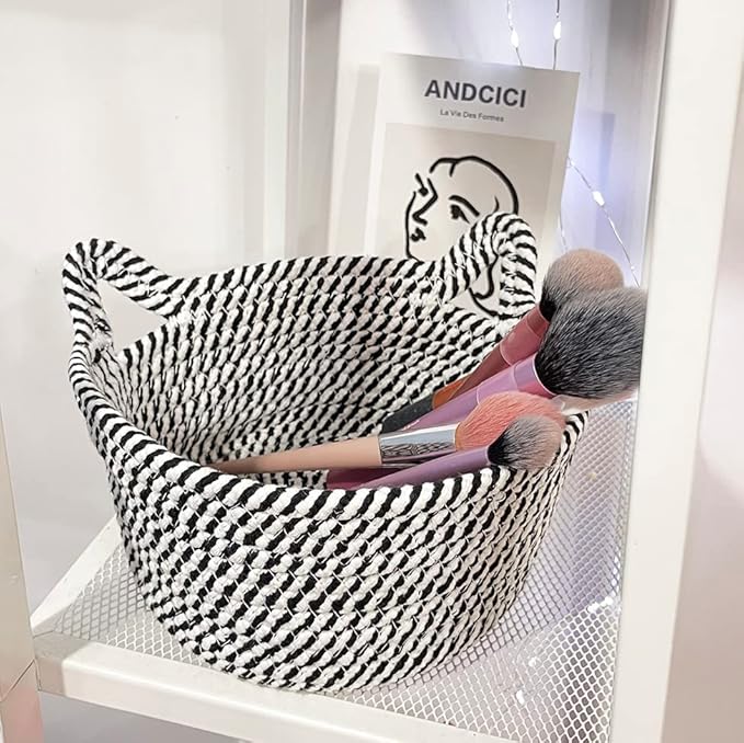 Small Woven Baskets | Mini Storage Bins | Cotton Rope Baby Nursery Organizers | Cute Round Cat Ears Basket for Organizing Desk Decor Kids Toy Dog Cat Baby Girls Gifts-Set of 3(Black white)