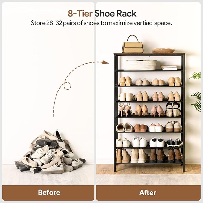 8-Tier Shoe Rack, Large Capacity Shoe Shelf, Shoe Organizer for Entryway, 28-32 Pairs of Shoes, Stable Sturdy, Tall Shoe Rack with Adjustable Metal Mesh Shelves, Rustic Brown SRHR1801Z