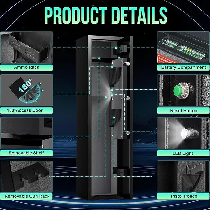 2-3 Gun Safe for Rifles and Pistols, No Assembly Required Gun Cabinet with Removable Shelf, Rifle safe with 180° Full Access Door, Gun Safes with Password Lock, Alarm System & Mute Mode
