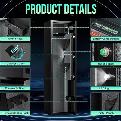 2-3 Gun Safe for Rifles and Pistols, No Assembly Required Gun Cabinet with Removable Shelf, Rifle safe with 180° Full Access Door, Gun Safes with Password Lock, Alarm System & Mute Mode