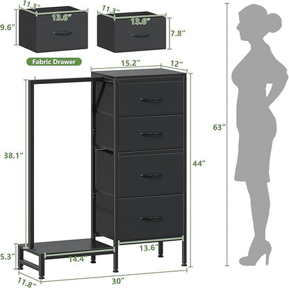 Dresser with Hanging Rack, 4 Drawers Small Closet for Bedroom, Reversible Fabric Kids Chest of Drawers with Clothes Rack, Tall Storage Tower, Sturdy Frame, Black, 44''H