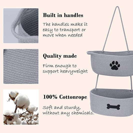 2-Tier Dog Baskets,Over Door Hanging Oganizer for Pet Stuff with Metal Hooks,Cotton Rope Wall-Mounted Storage Organizer for Dog Leash/Harness/Small Toys/Trash Bag - Gray