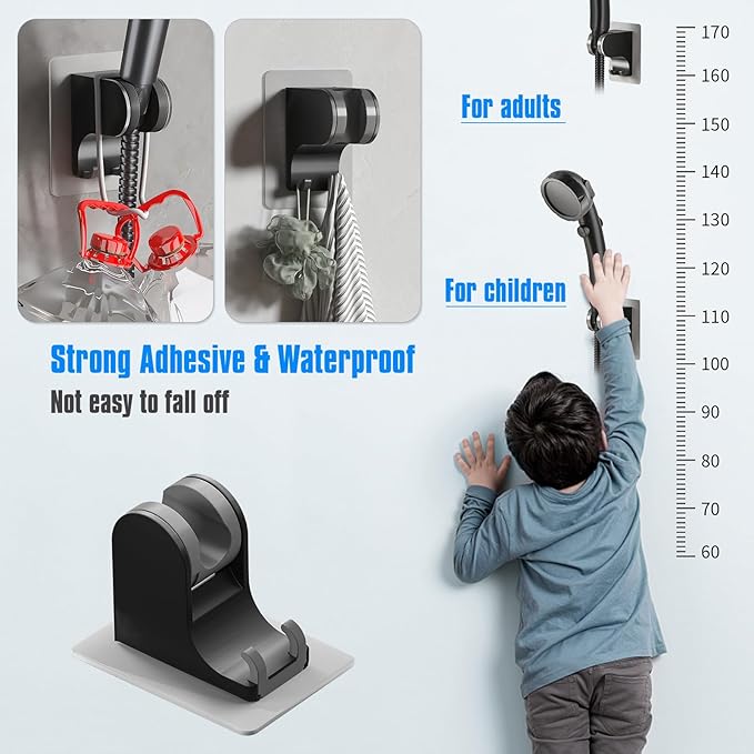 JONKEAN Shower Head Holder Without Drilling, 3m Handheld Shower Head Holder Adhesive, 50°Adjustable Shower Wand Holder Wall Mount, Shower Head Bracket with Hook (Black, 1 Pack)