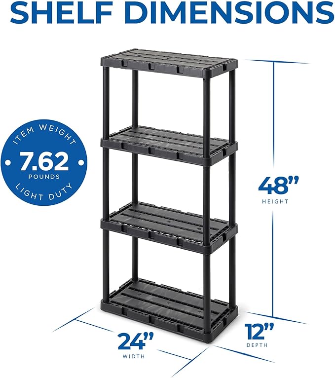 Gracious Living 3 Pack Light Duty Storage Shelves, Knect-A-Shelf 4-Shelf Ventilated Shelving Rack Organizer for Home, Garage, Basement & Laundry, Black