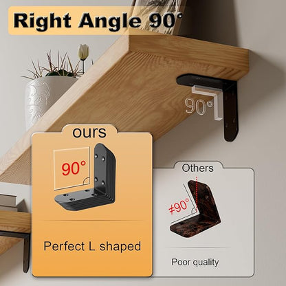 Alise 4Pcs Stainless Steel L Brackets for Shelves Black, Small Floating Shelf Brackets, 90 Degree Right Angle Bracket, Heavy Duty Metal L Bracket Corner Brackets for Wood Furniture (3.94X3.94 in)